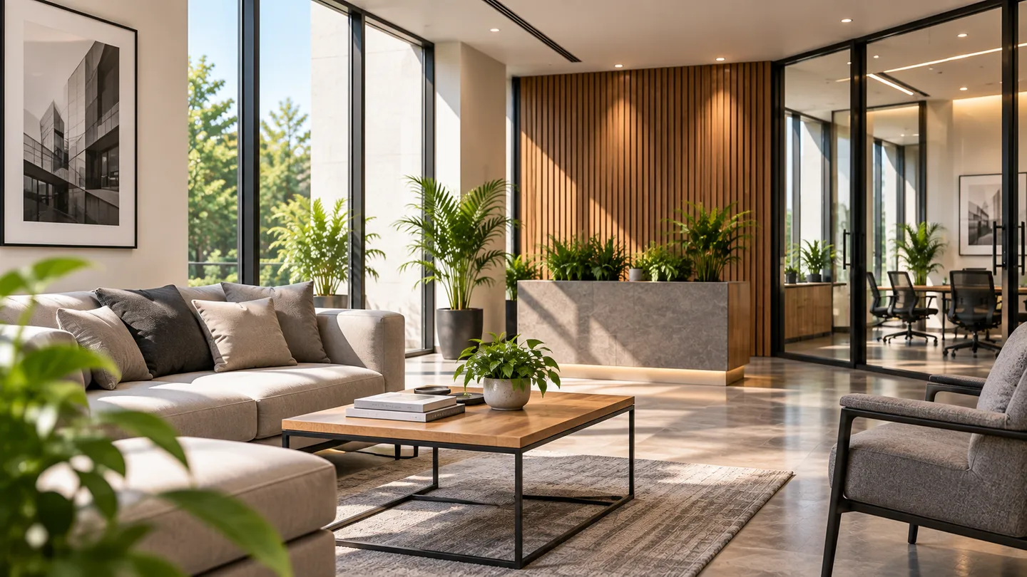 Modern architectural office environment with custom glass partitions