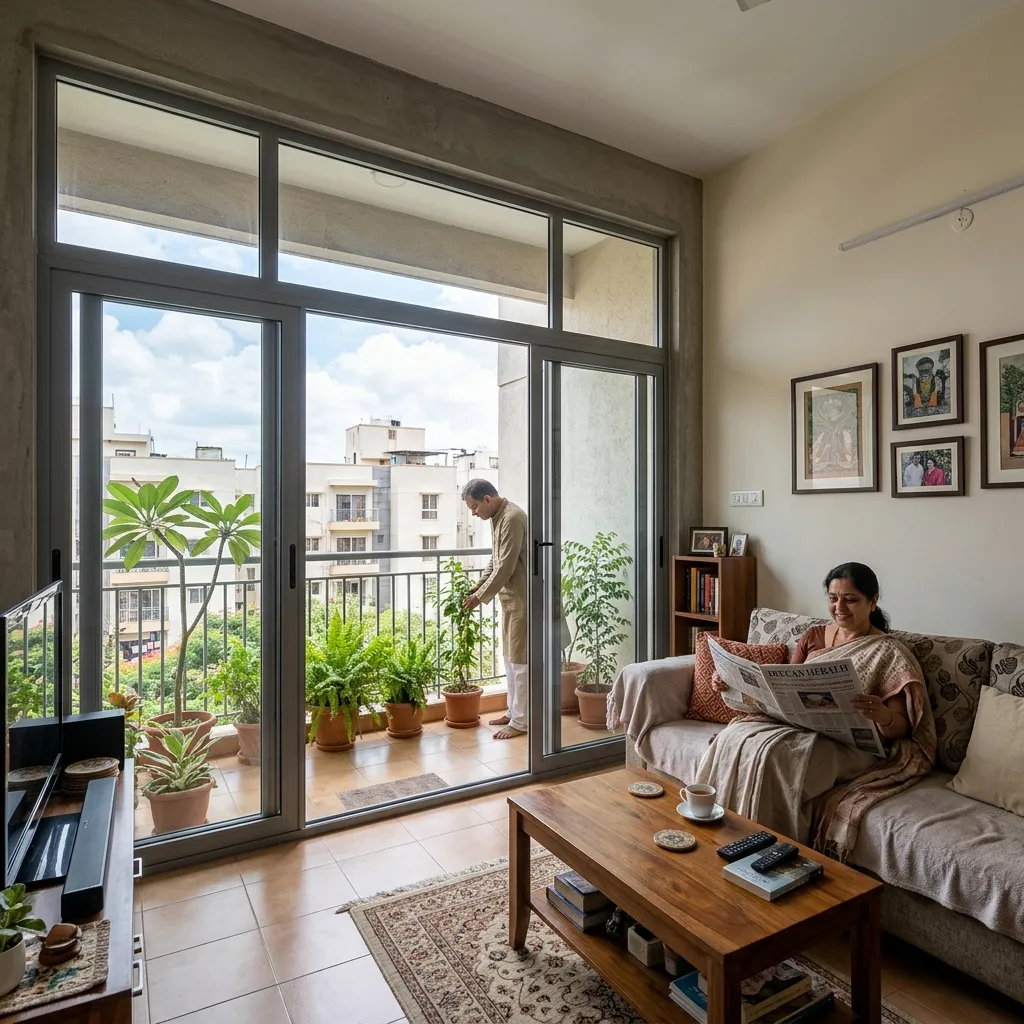 Residential aluminium sliding window with glass panels